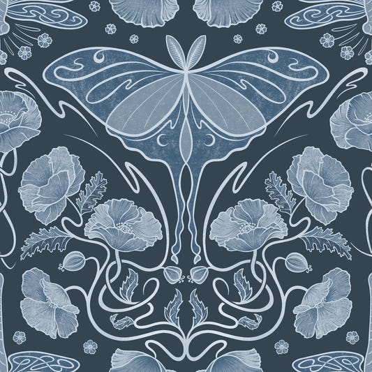 Art Nouveau Poppies & Luna Moth Blue Wallpaper