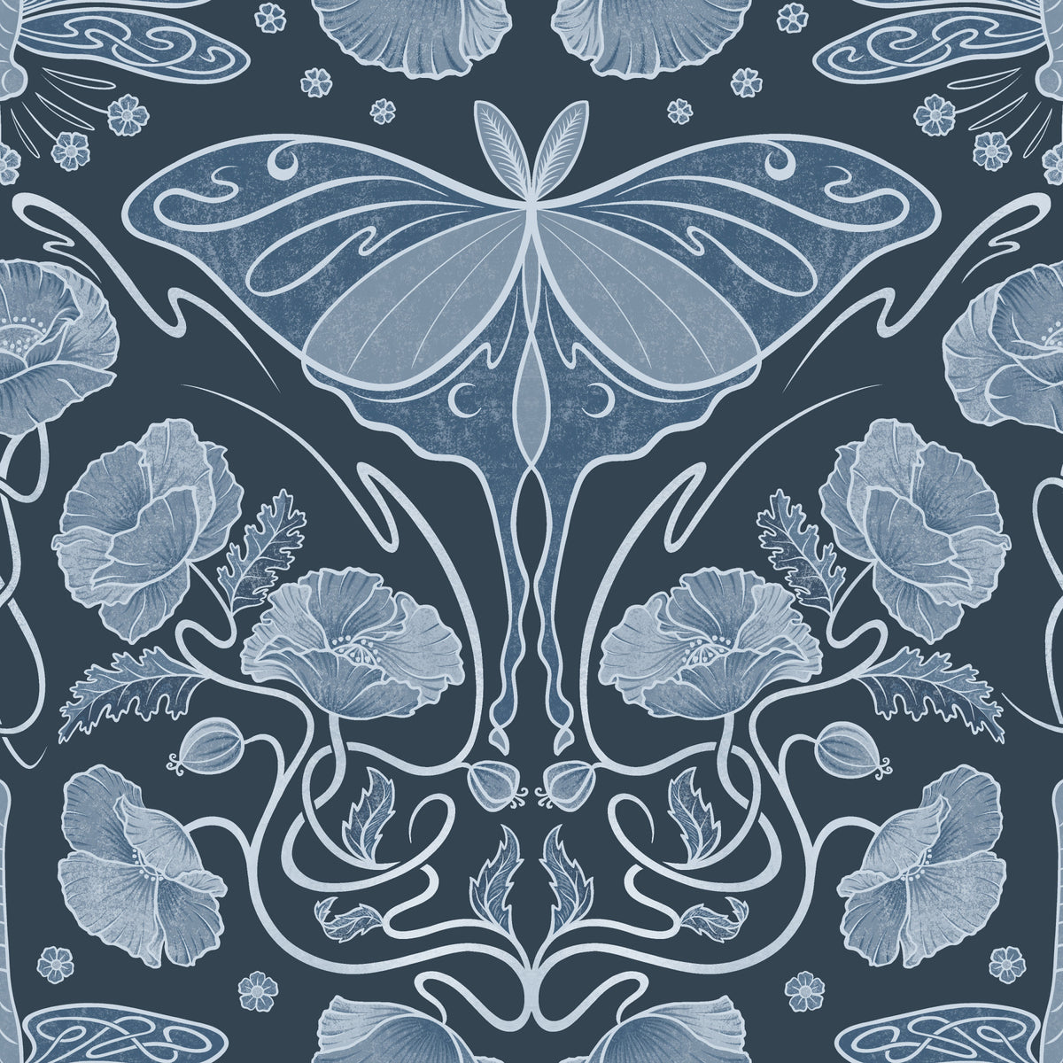 Art Nouveau Poppies & Luna Moth Blue Wallpaper in your room — zoomed