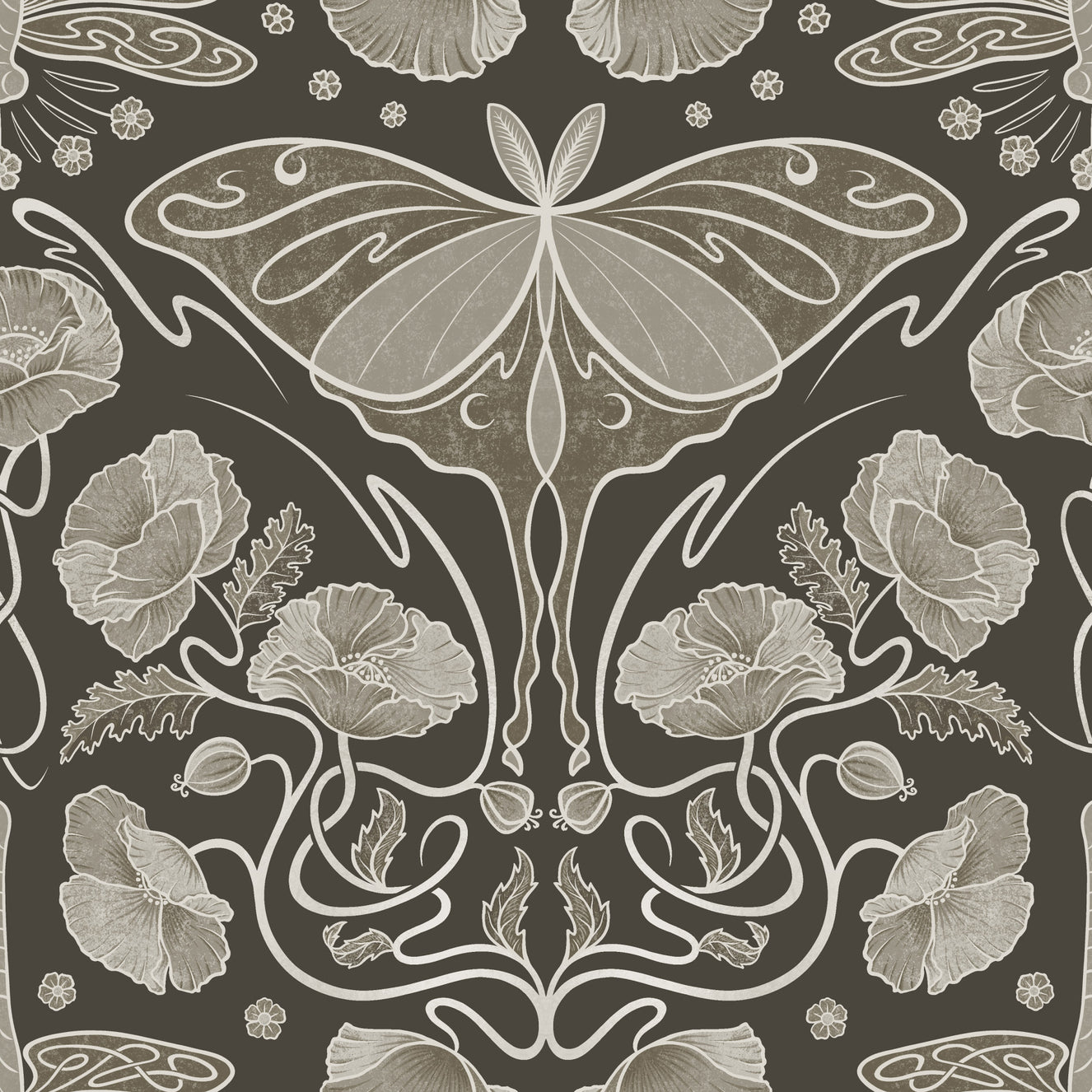 Art Nouveau Poppies & Luna Moth Sepia Wallpaper Wallpaper⁠