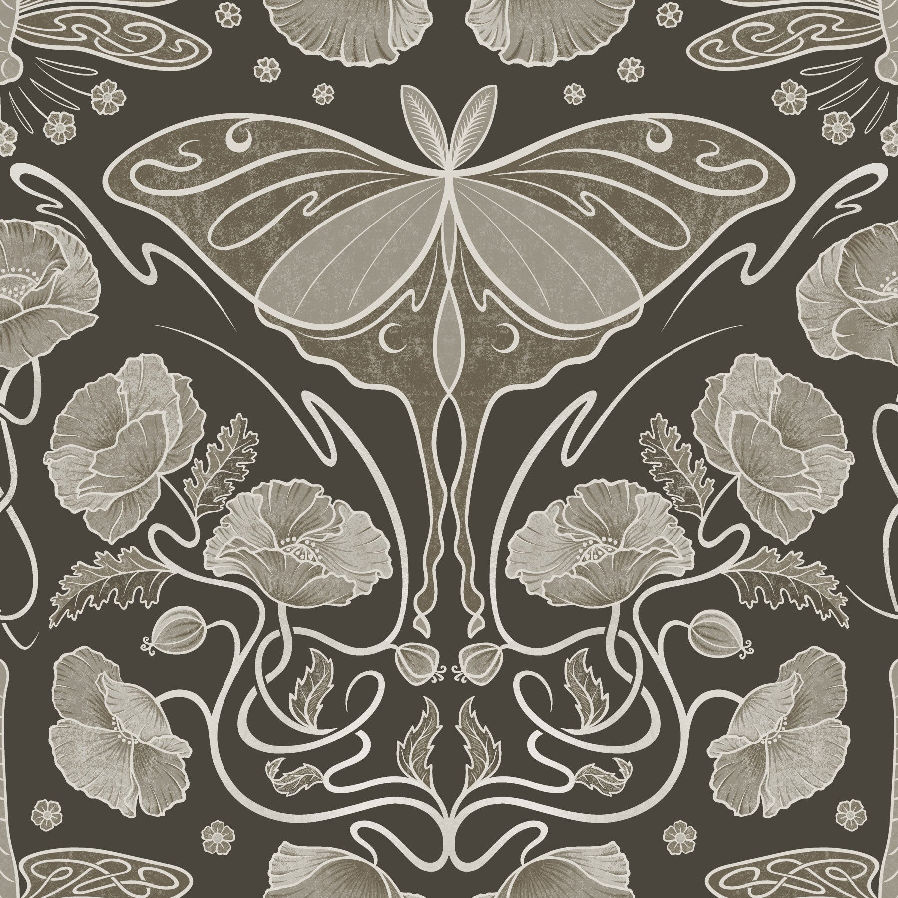 Art Nouveau Poppies & Luna Moth Sepia Wallpaper Wallpaper⁠