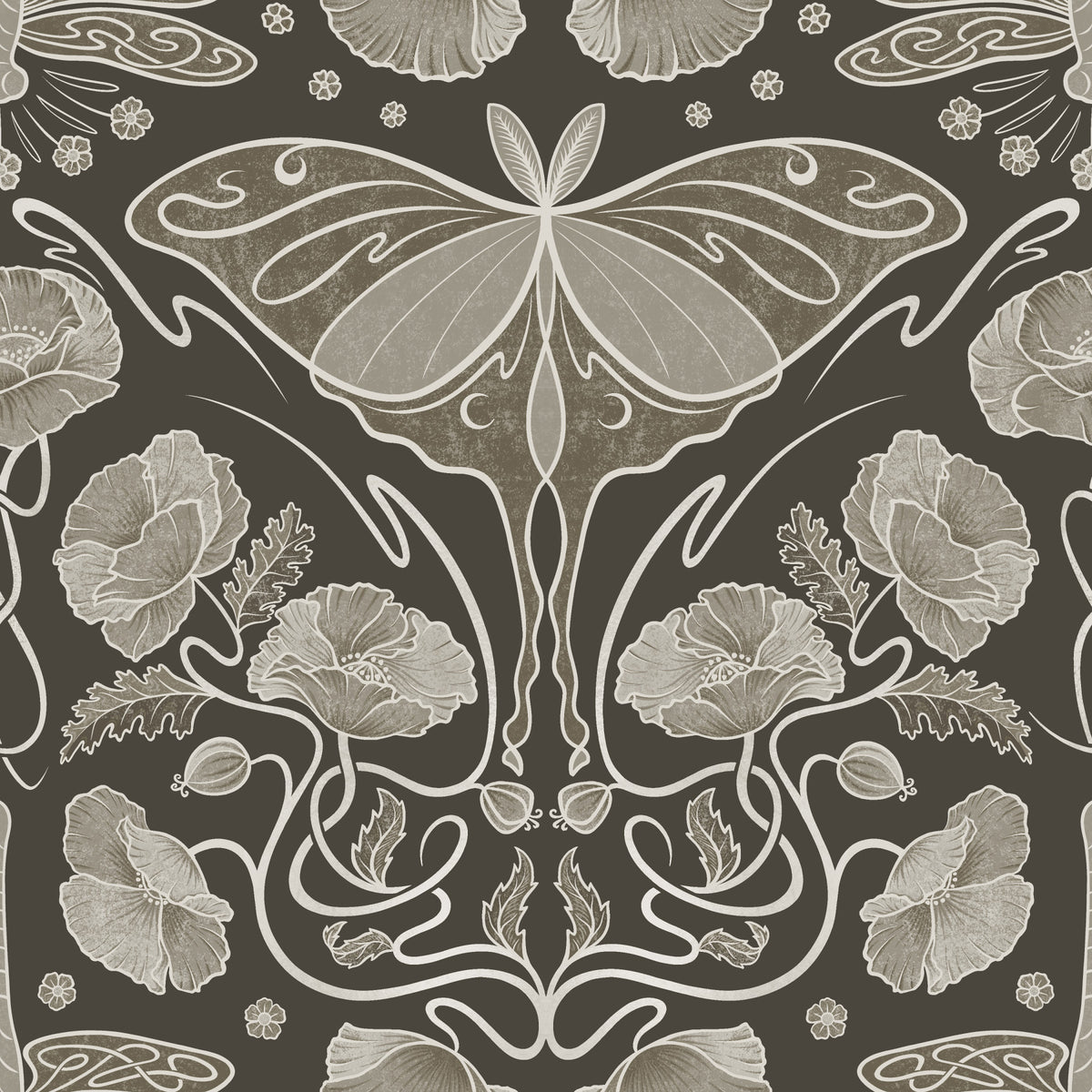 Art Nouveau Poppies & Luna Moth Sepia Wallpaper Wallpaper⁠ in your room — zoomed