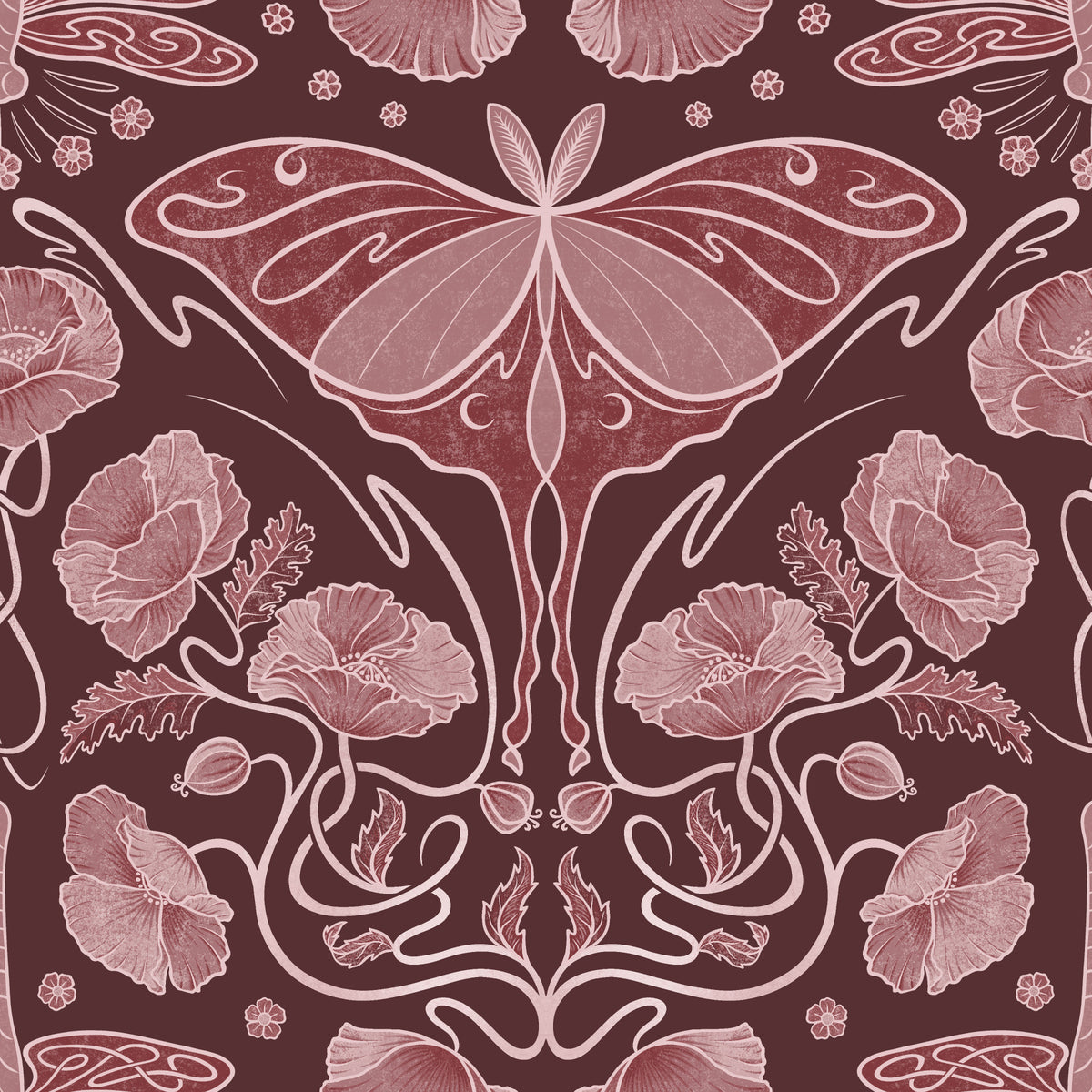 Art Nouveau Poppies & Luna Moth Crimson Wallpaper Wallpaper⁠ in your room — zoomed
