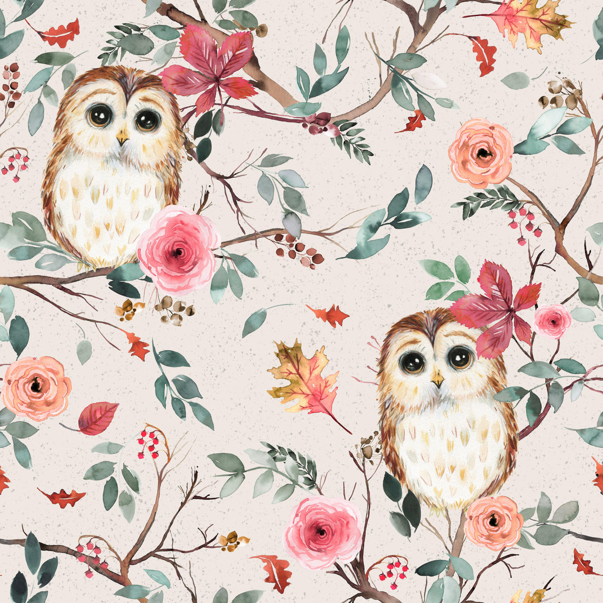 Owls Tree Relaxing Green Red Wallpaper⁠