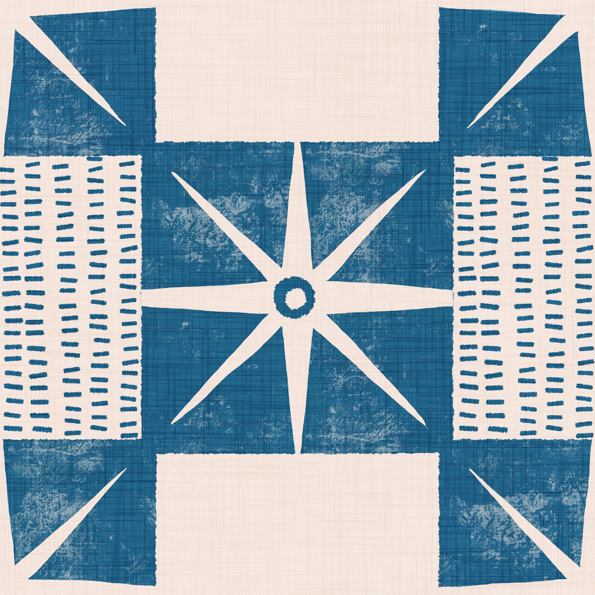 Retro Starburst Quilt Block - Minimalist Mid Century Indigo Wallpaper⁠