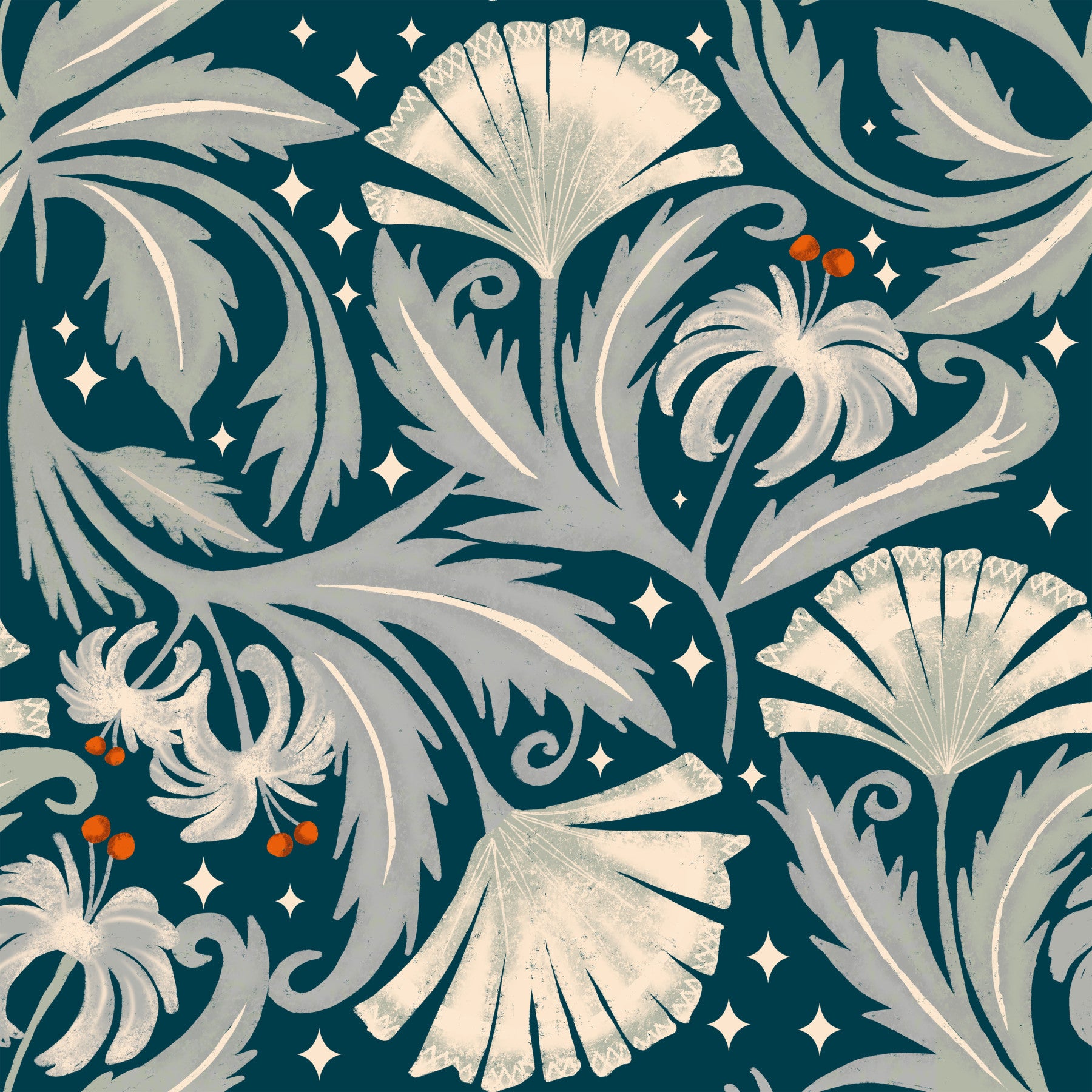 Vintage Botanica Midnight Teal - Heritage Revival Floral  Wallpaper⁠