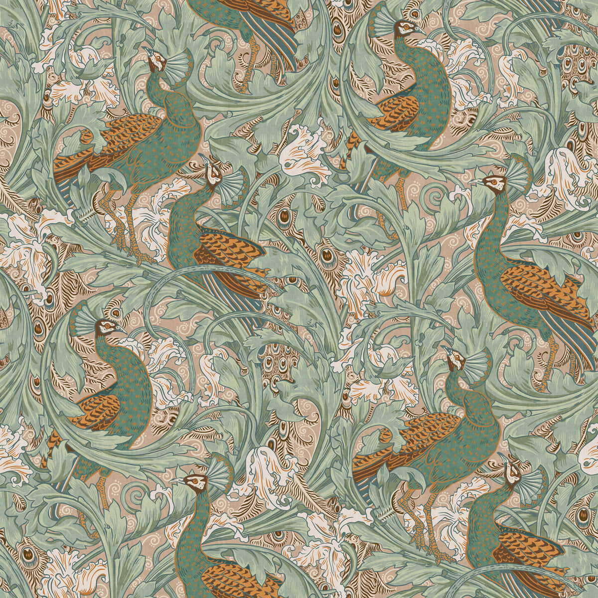 Peacock Garden by Walter Crane in green beige mustard  Wallpaper⁠ in your room — zoomed