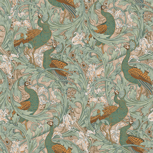 Peacock Garden by Walter Crane in green beige mustard  Wallpaper⁠
