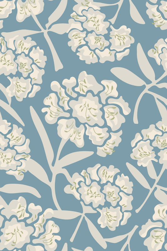 Rhododendrons Retro Floral White Gray Soft Pastel Blue Wallpaper⁠