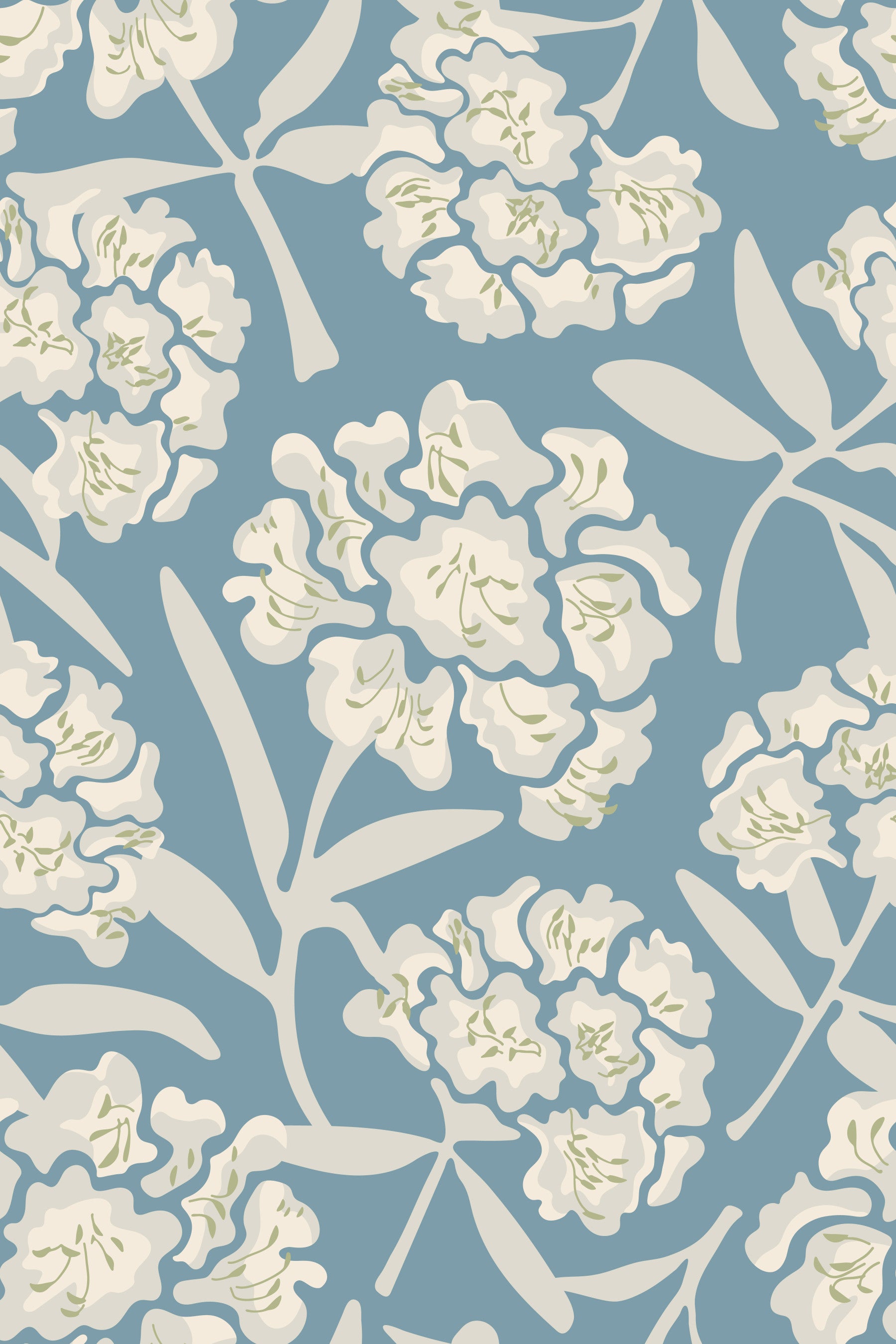 Rhododendrons Retro Floral White Gray Soft Pastel Blue Wallpaper⁠ in your room — zoomed