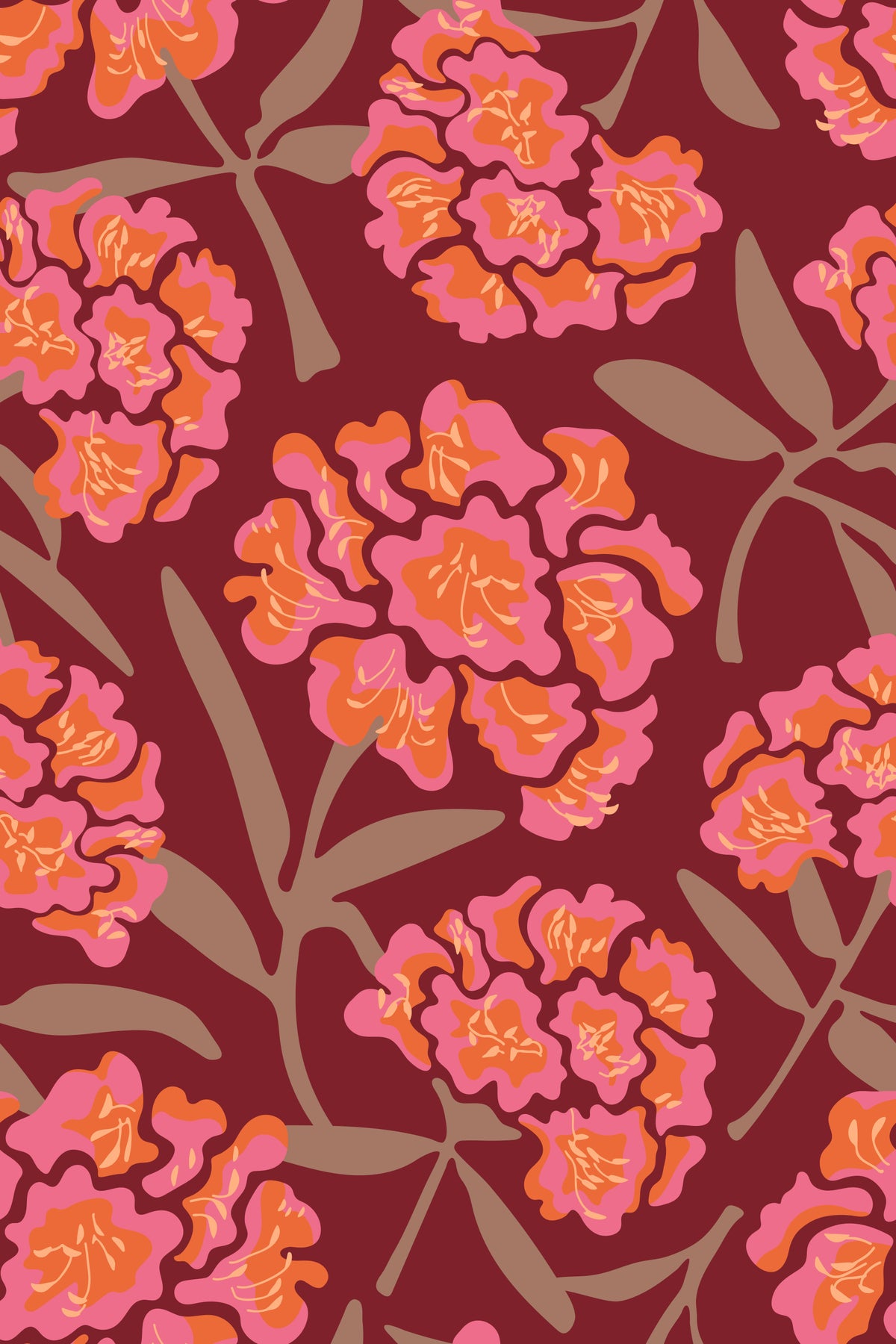 Rhododendrons Retro Floral Pink Mocha Mousse Wine Red Wallpaper⁠ in your room — zoomed