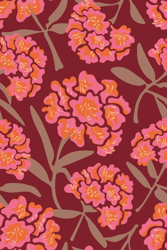 Rhododendrons Retro Floral Pink Mocha Mousse Wine Red Wallpaper⁠