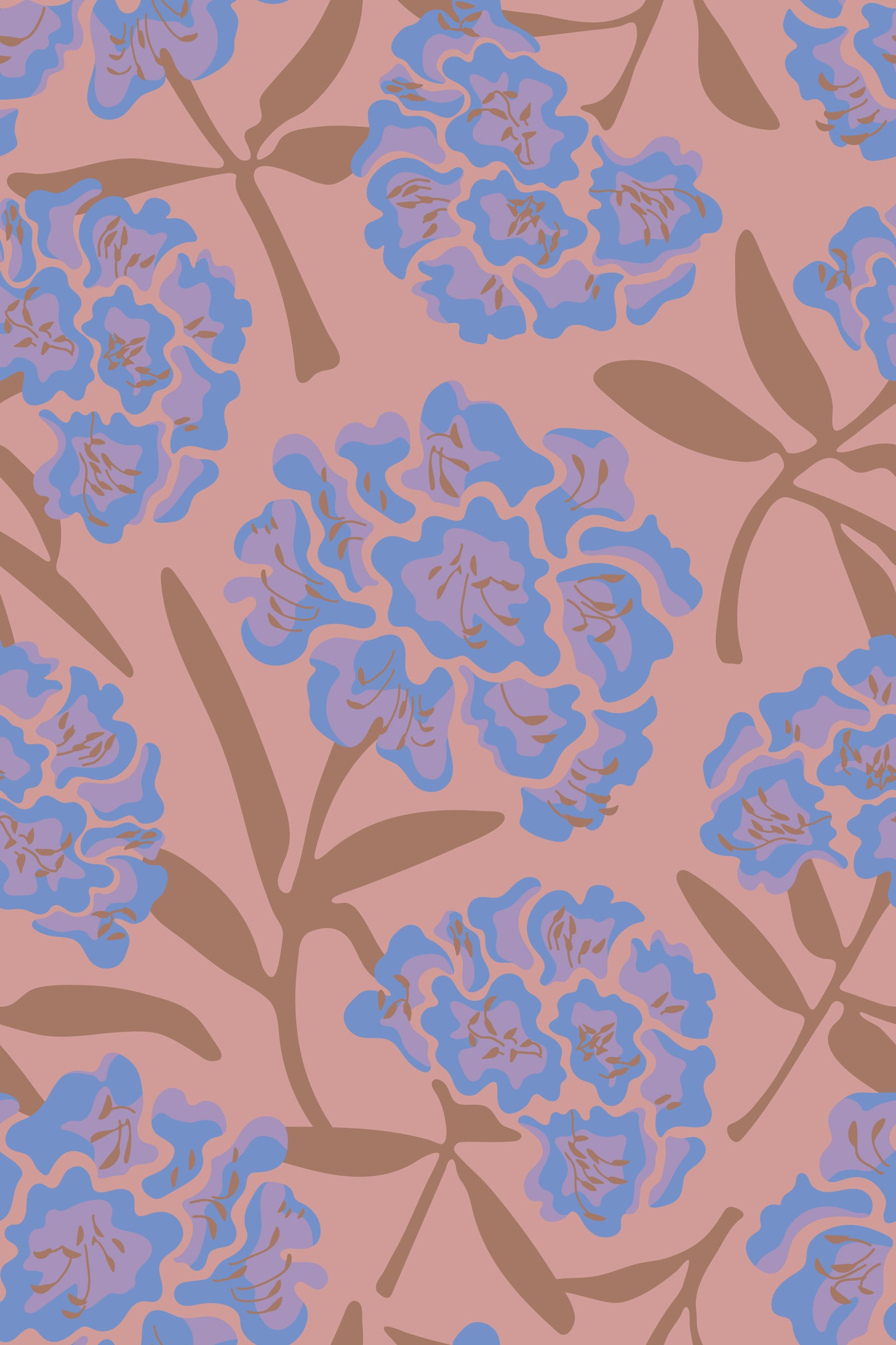 Rhododendrons Retro Floral Blue Violet Mocha Mousse Rose Pink Wallpaper⁠ in your room