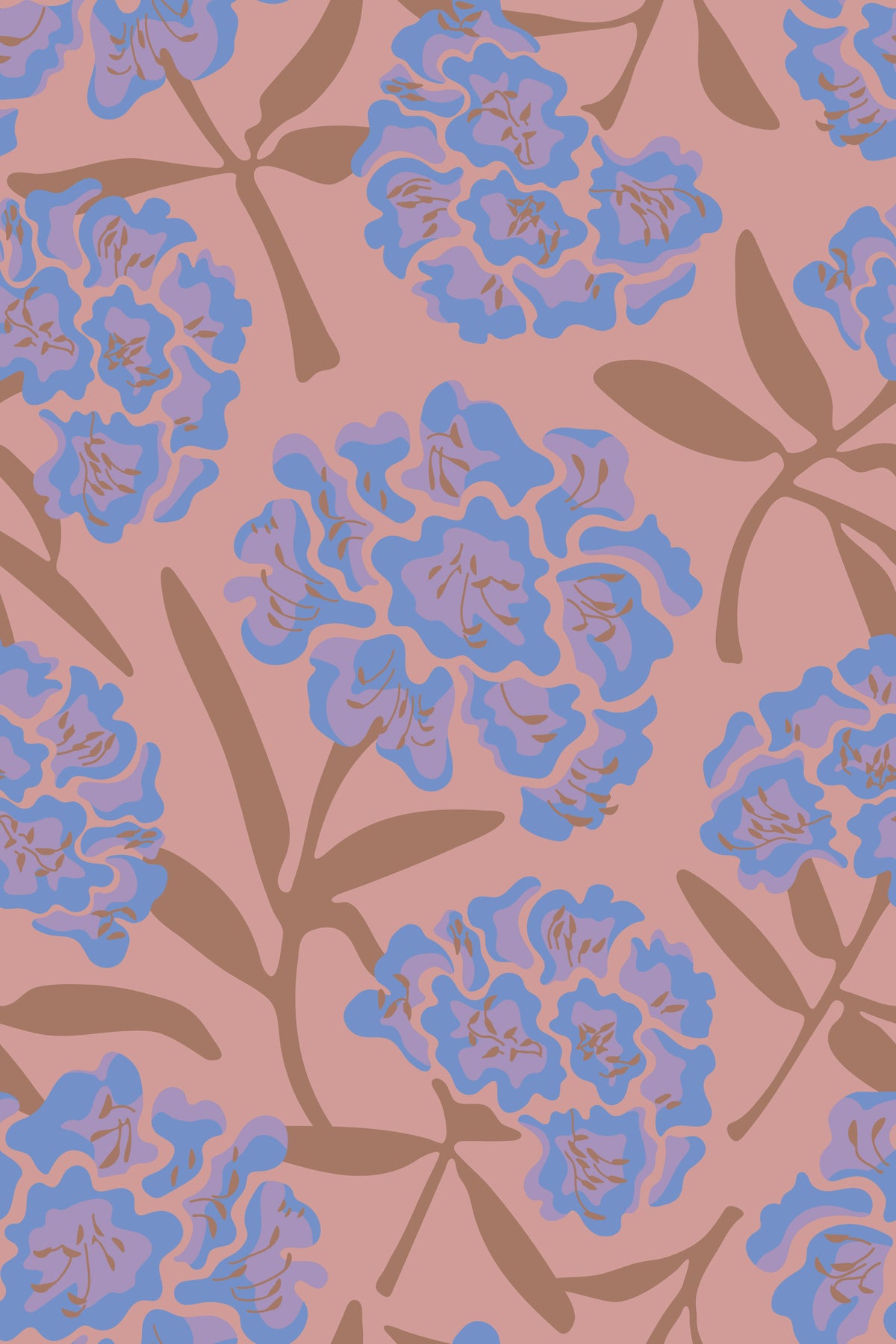 Rhododendrons Retro Floral Blue Violet Mocha Mousse Rose Pink Wallpaper⁠ in your room — zoomed