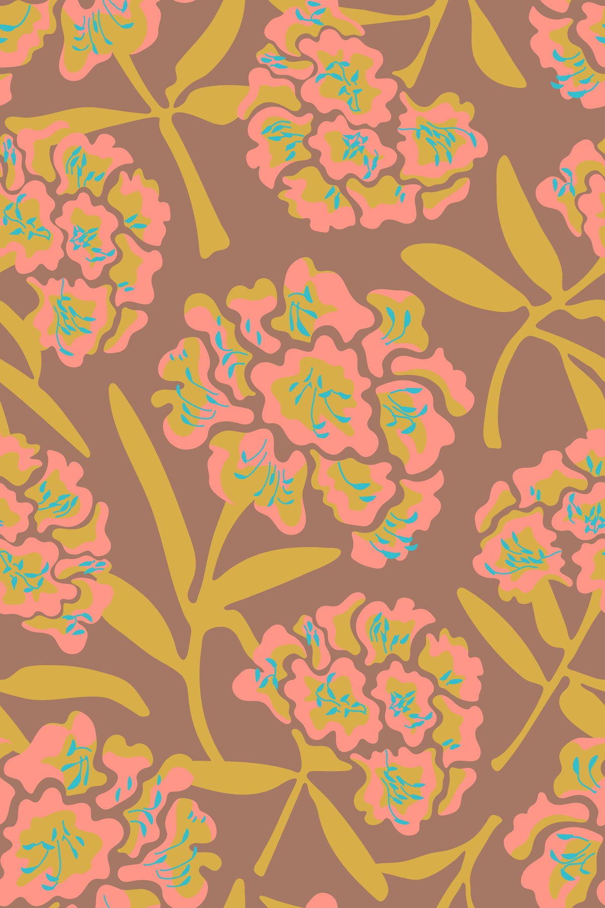 Rhododendrons Retro Floral Blush Pink Mustard Yellow Mocha Mousse Wallpaper⁠ in your room — zoomed