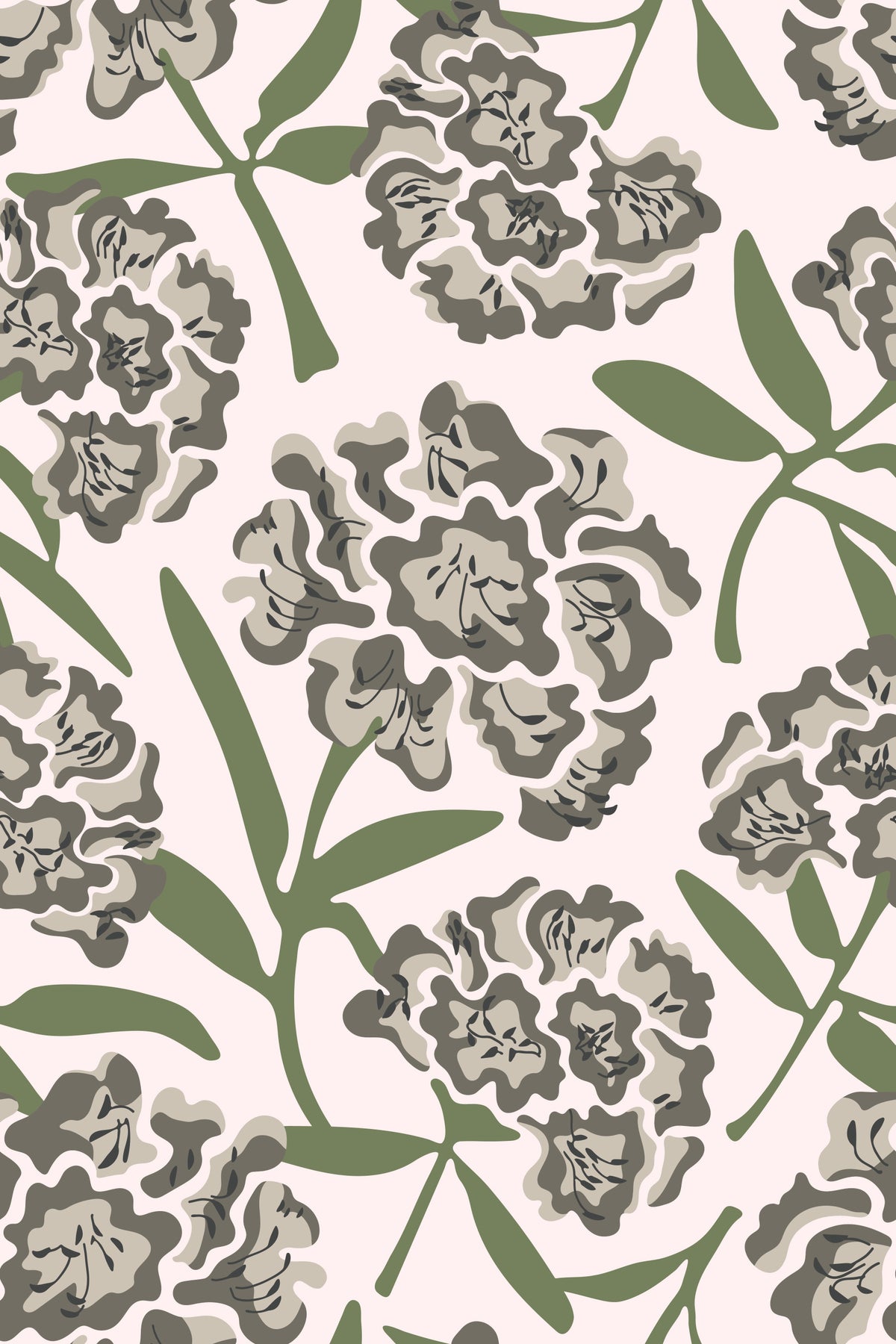 Rhododendrons Retro Floral Warm Gray Green Subtle Pink Wallpaper⁠