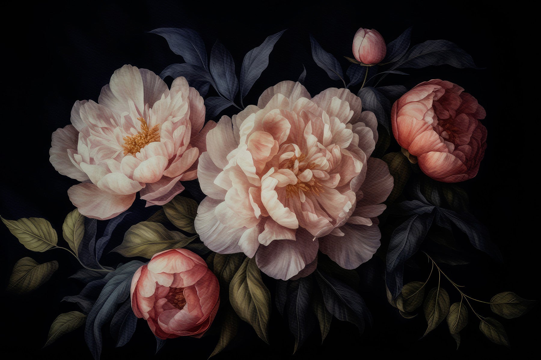 Vintage Midnight Flower Peonies Garden Wall Mural