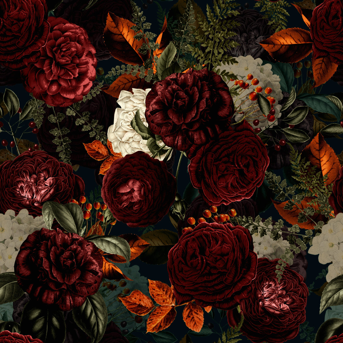 Grandmillennial Dramatic Glamour Heritage Gothic Dark Moody Florals Wallpaper⁠ in your room — zoomed