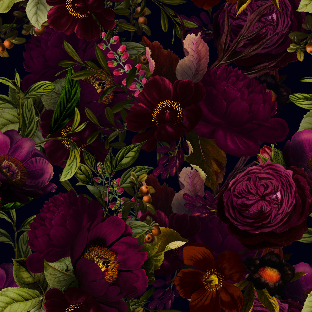 Grandmillennial Dramatic Glamour Heritage Gothic Dark Moody Florals 4 Wallpaper⁠ in your room — zoomed