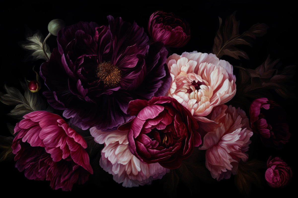Grandmillennial Dramatic Glamour Heritage Gothic Dark Peonies Florals Wall Mural in your room