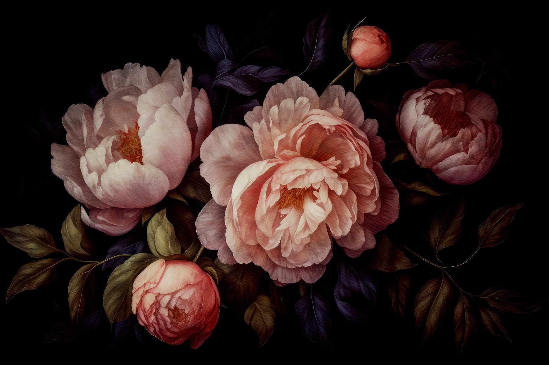 Grandmillennial Dramatic Glamour Heritage Gothic Peach Peonies Moody Florals Wall Mural