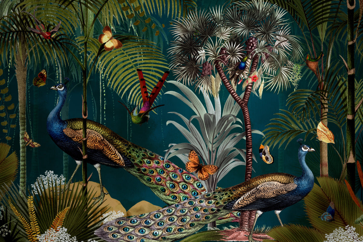 Vintage Peacock Twilight Paradise Wall Mural in your room — zoomed