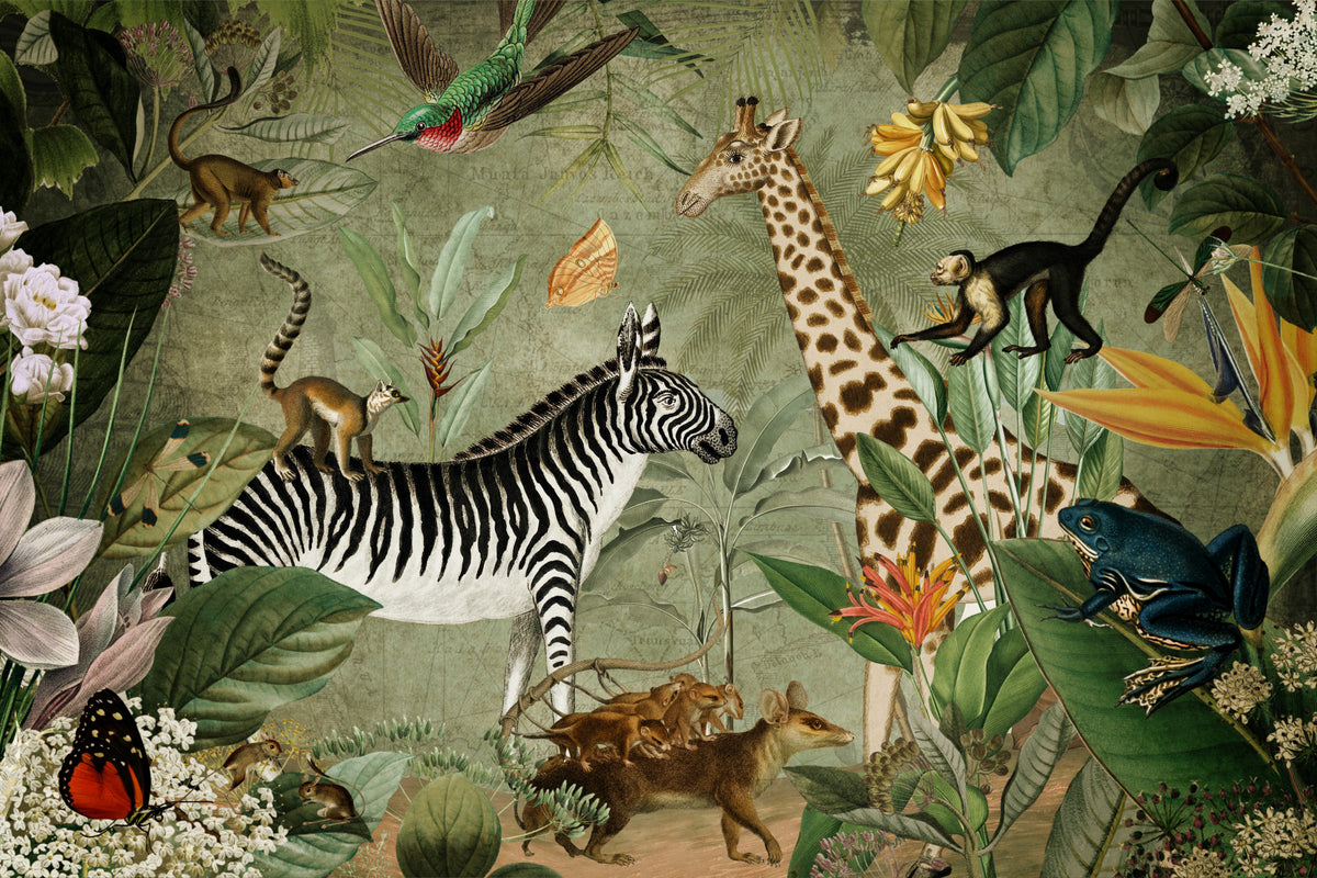 Vintage Whispers of the Jungle Wall Mural in your room — zoomed