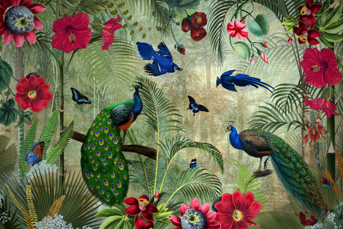 Tropical Vintage Peacock Paradise Wall Mural in your room
