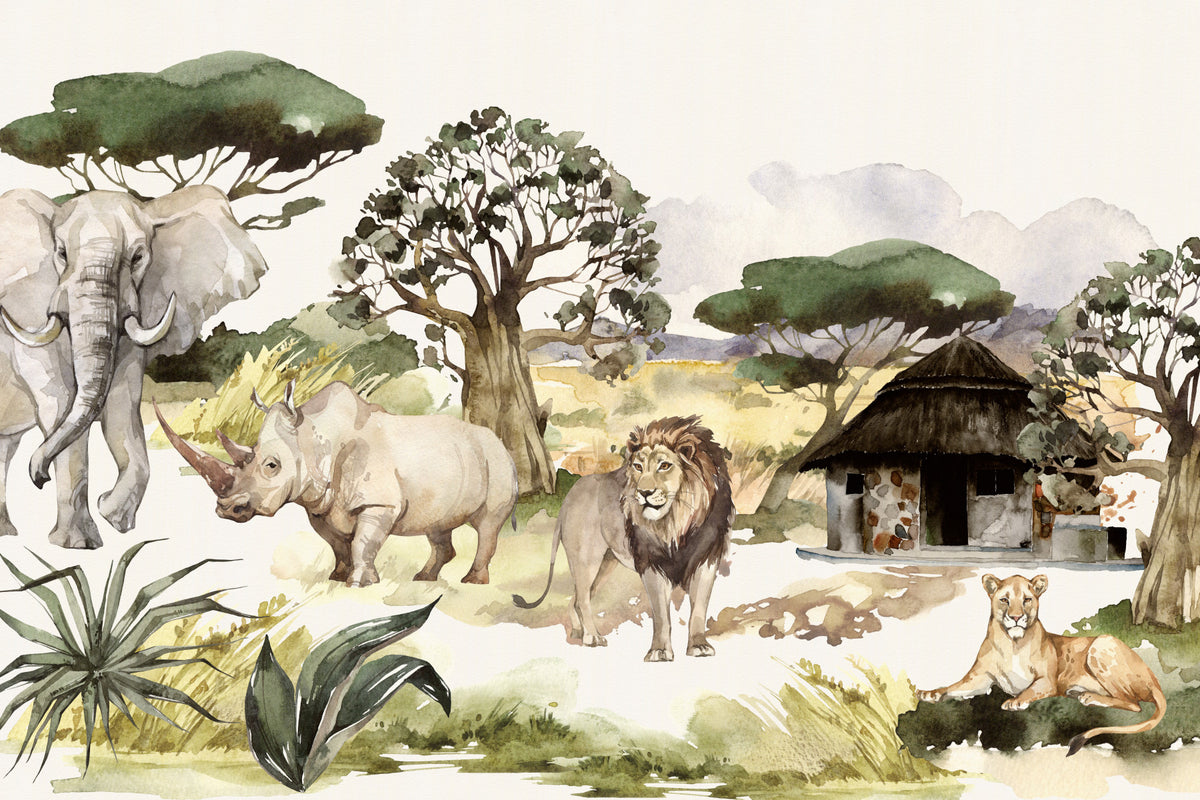 African Wildlife Watercolor Wall Mural in your room
