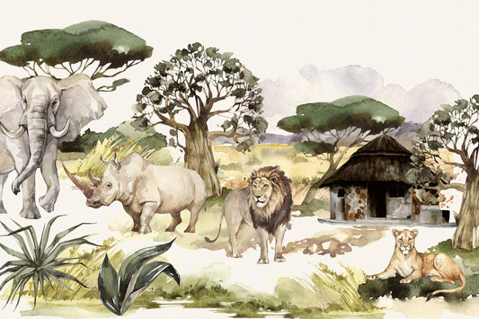 African Wildlife Watercolor Wall Mural