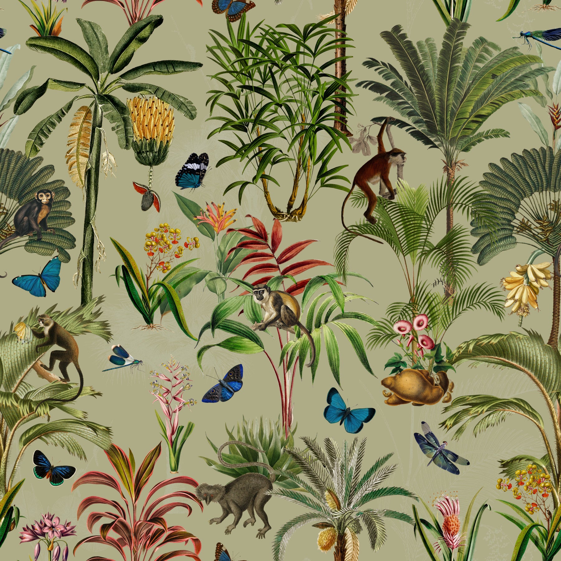 Wallpaper with delicate florals on a lavender-blue background.

