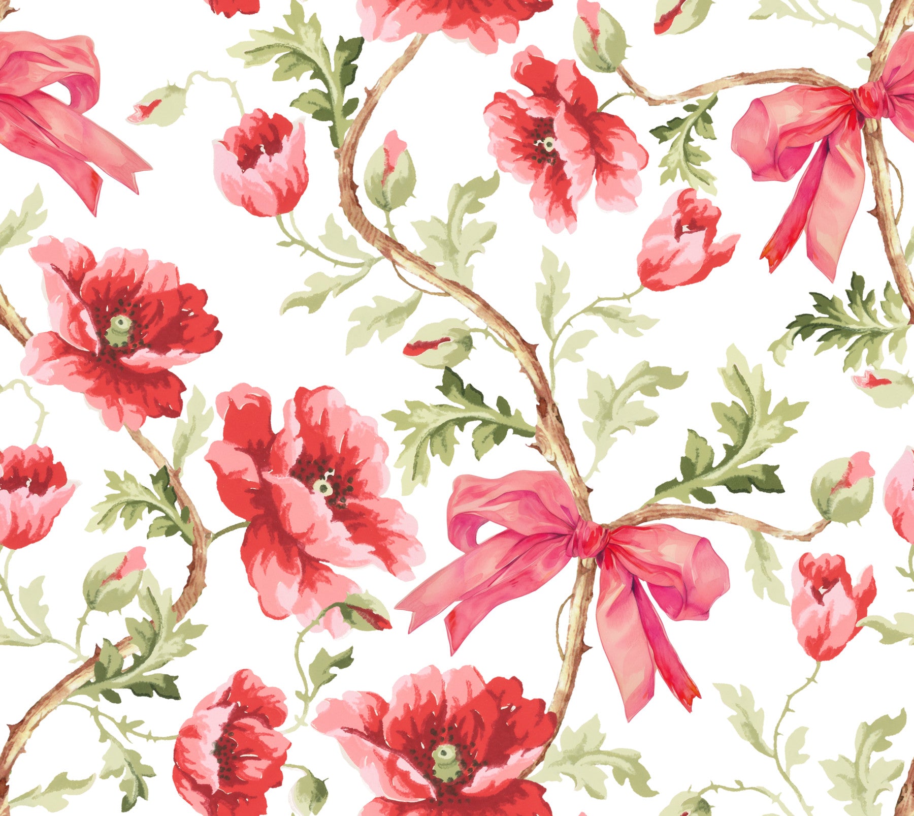 Romantic Preppy Poppy Blooms & Bows Wallpaper⁠ in your room — zoomed