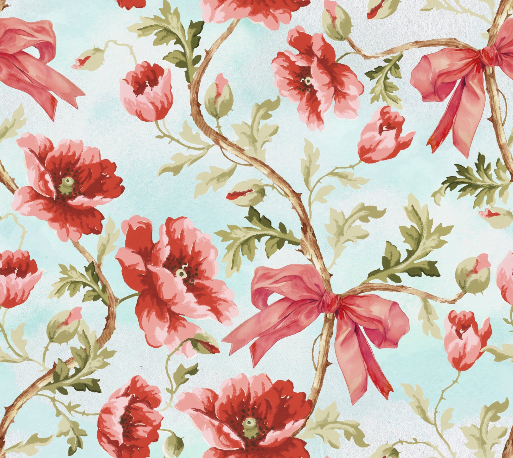 Crimson Preppy Ribbons & Poppies Wallpaper⁠ in your room — zoomed
