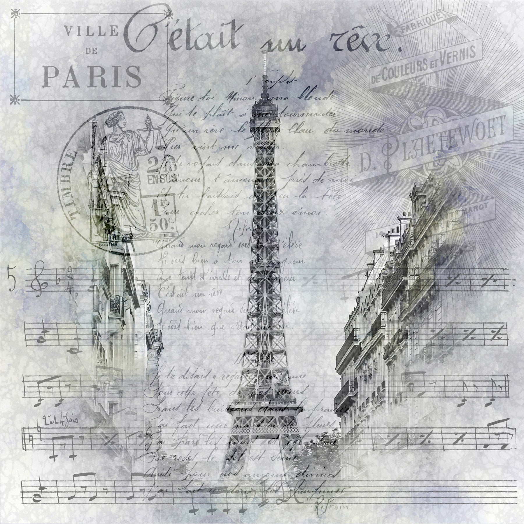 Paris collage mural with Eiffel Tower and script

