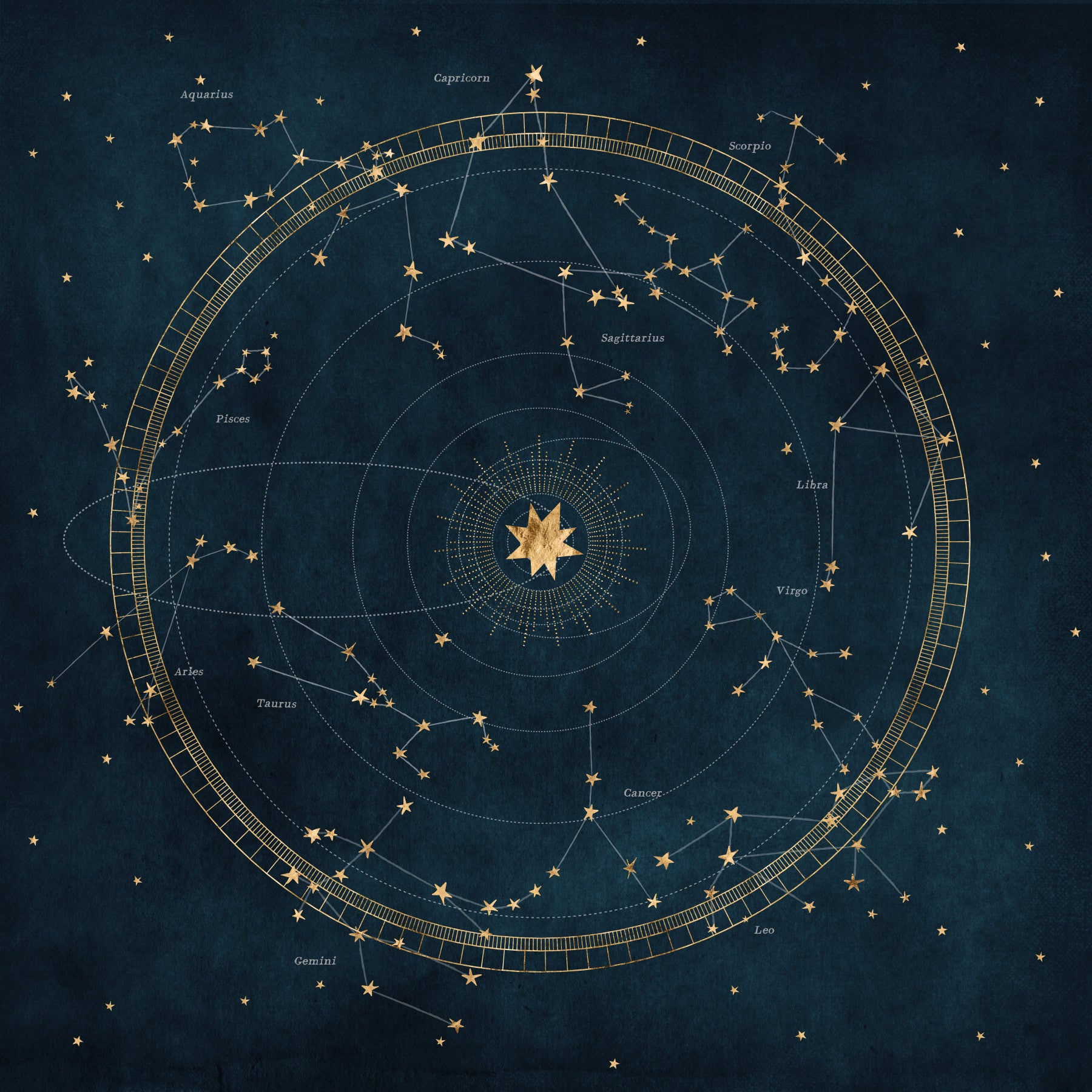 Cosmic star chart mural wallpaper with deep blue starry background.


