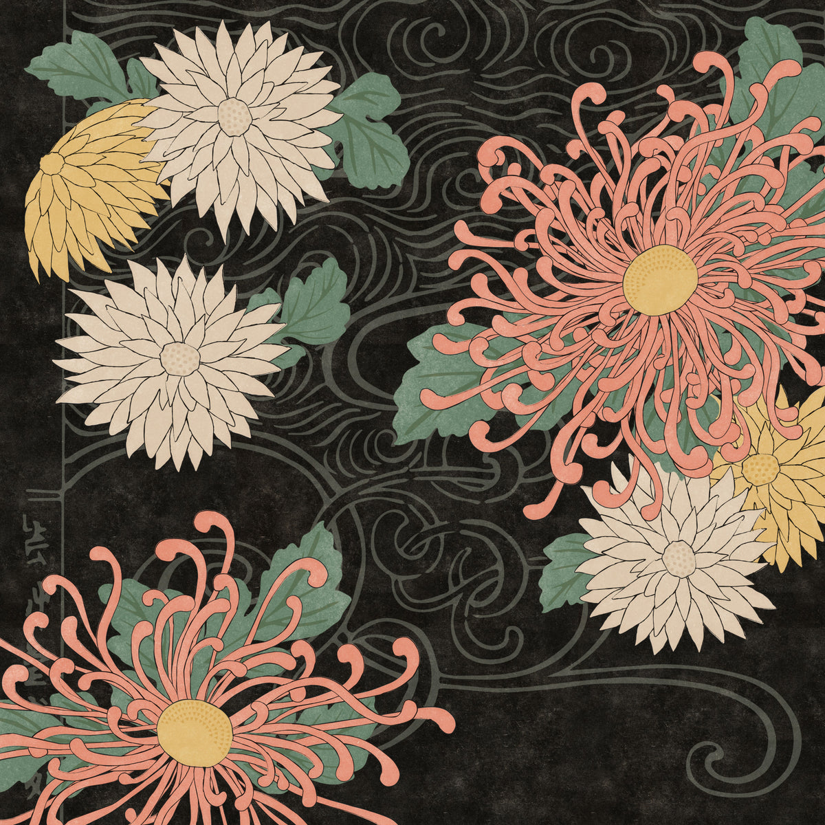 Midnight Chrysanthemums Japanese Print Wall Mural in your room — zoomed