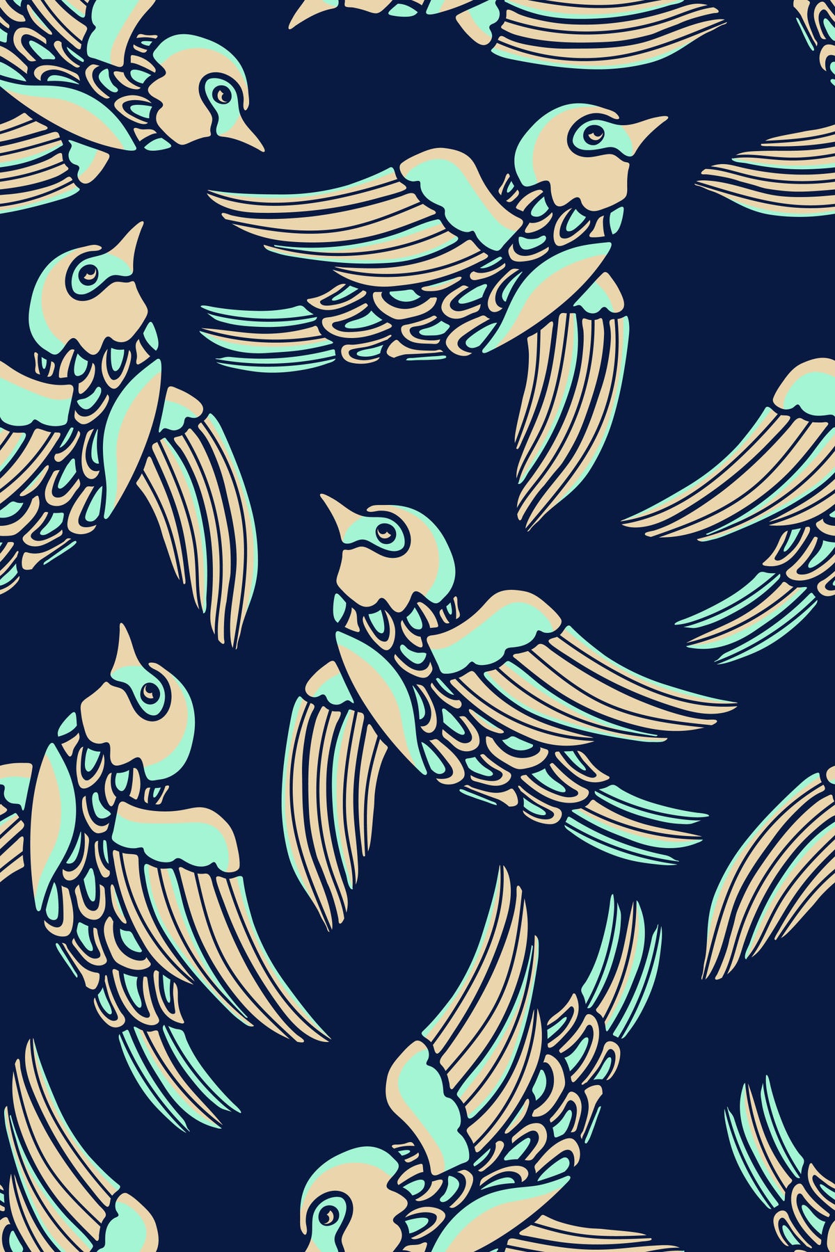 Birds Flying Higher in Mint Beige Midnight Blue Wallpaper⁠ in your room — zoomed