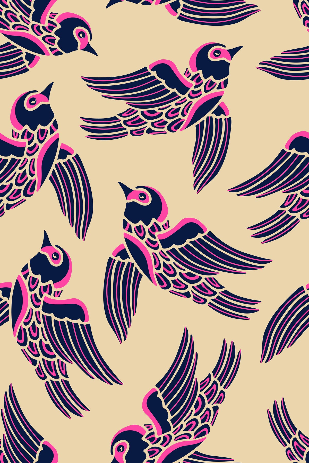 Birds Flying Higher in Fuchsia Pink Midnight Blue Beige Wallpaper⁠ in your room