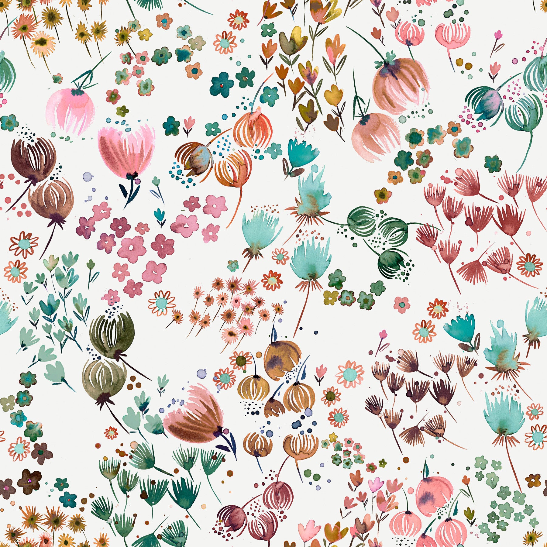 Watercolor Flower Buds Green Orange Wallpaper⁠