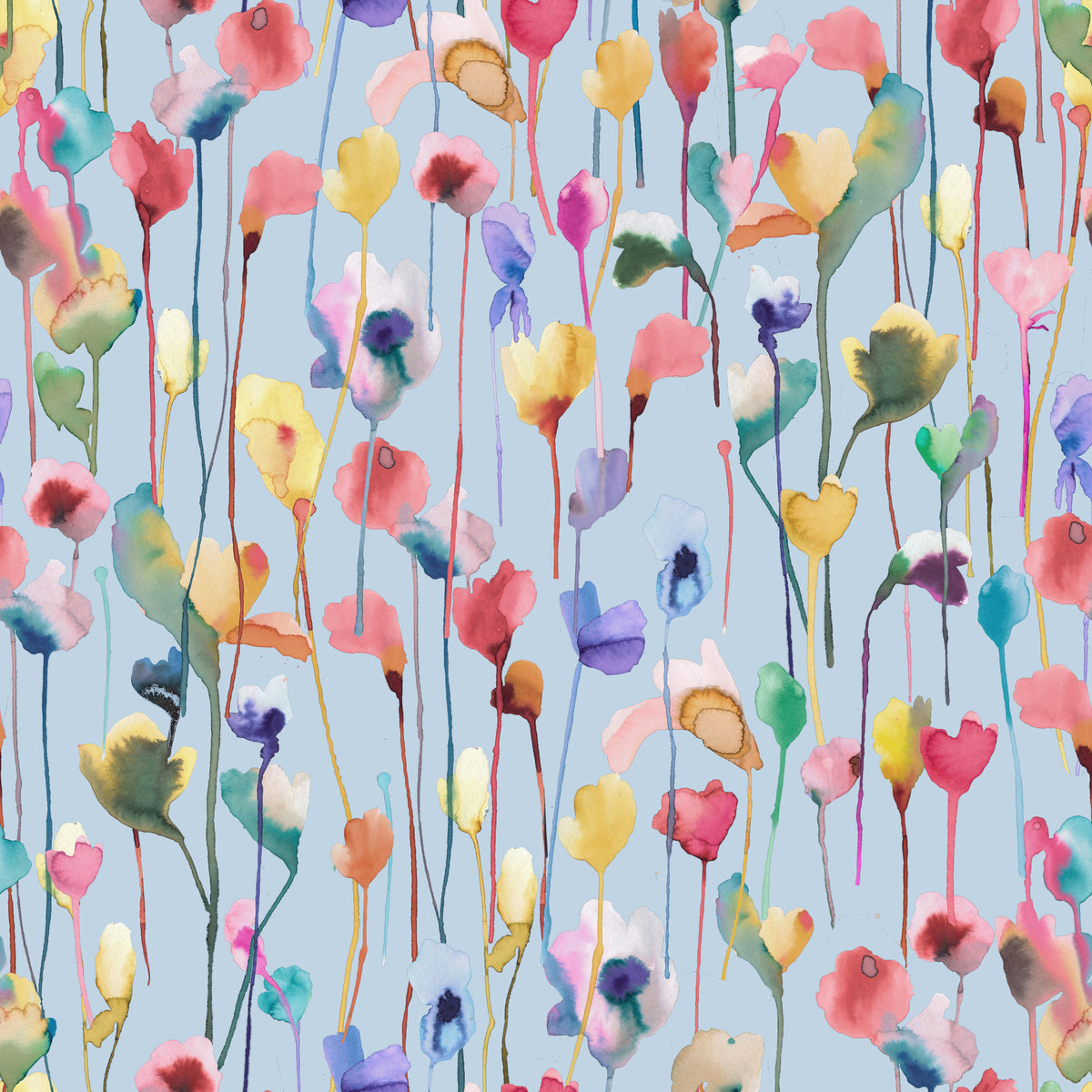 Watery Watercolor Artistic Flowers Light Blue Wallpaper⁠ in your room — zoomed