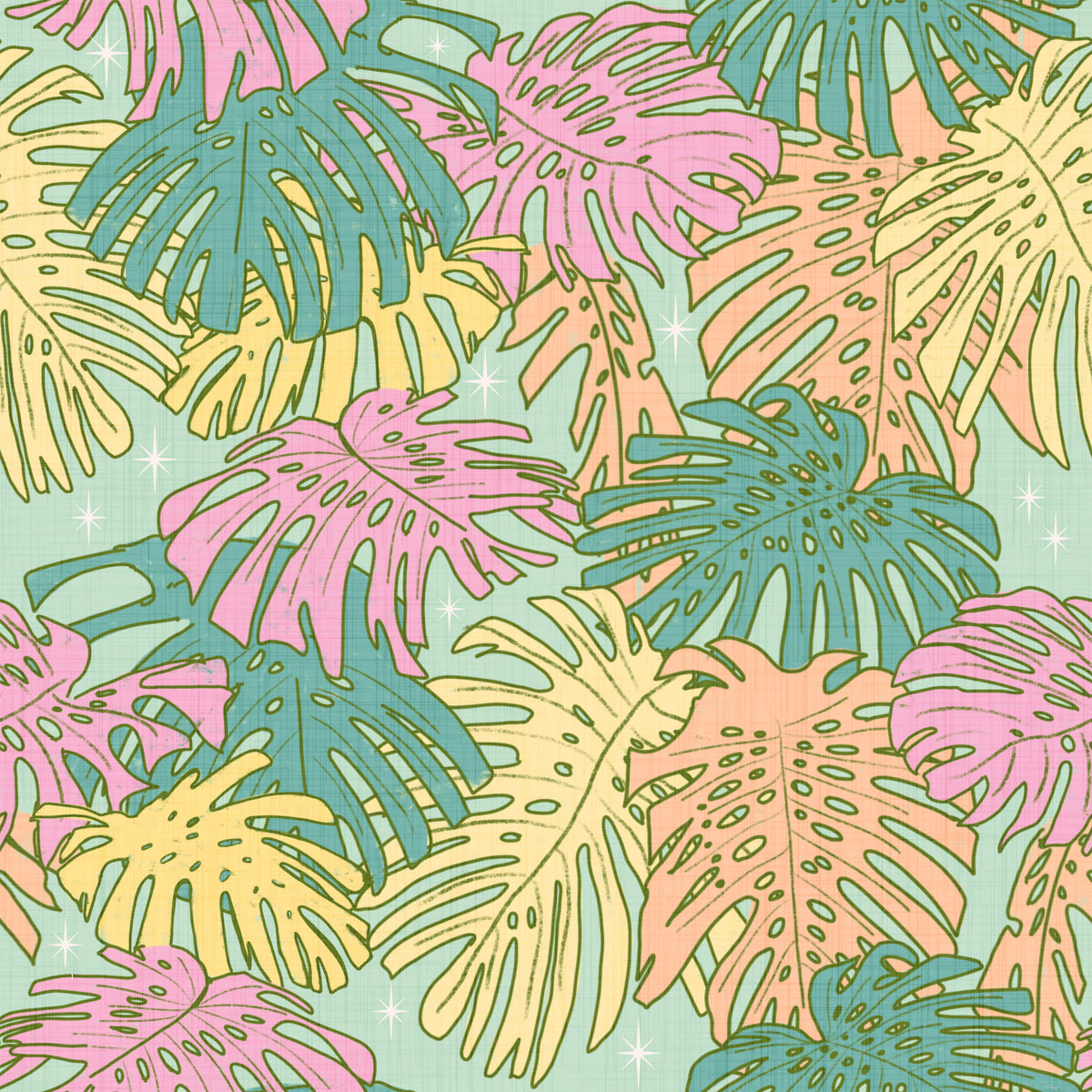 Pastel Tropical Monstera - Palm Springs Retro Aqua Wallpaper⁠