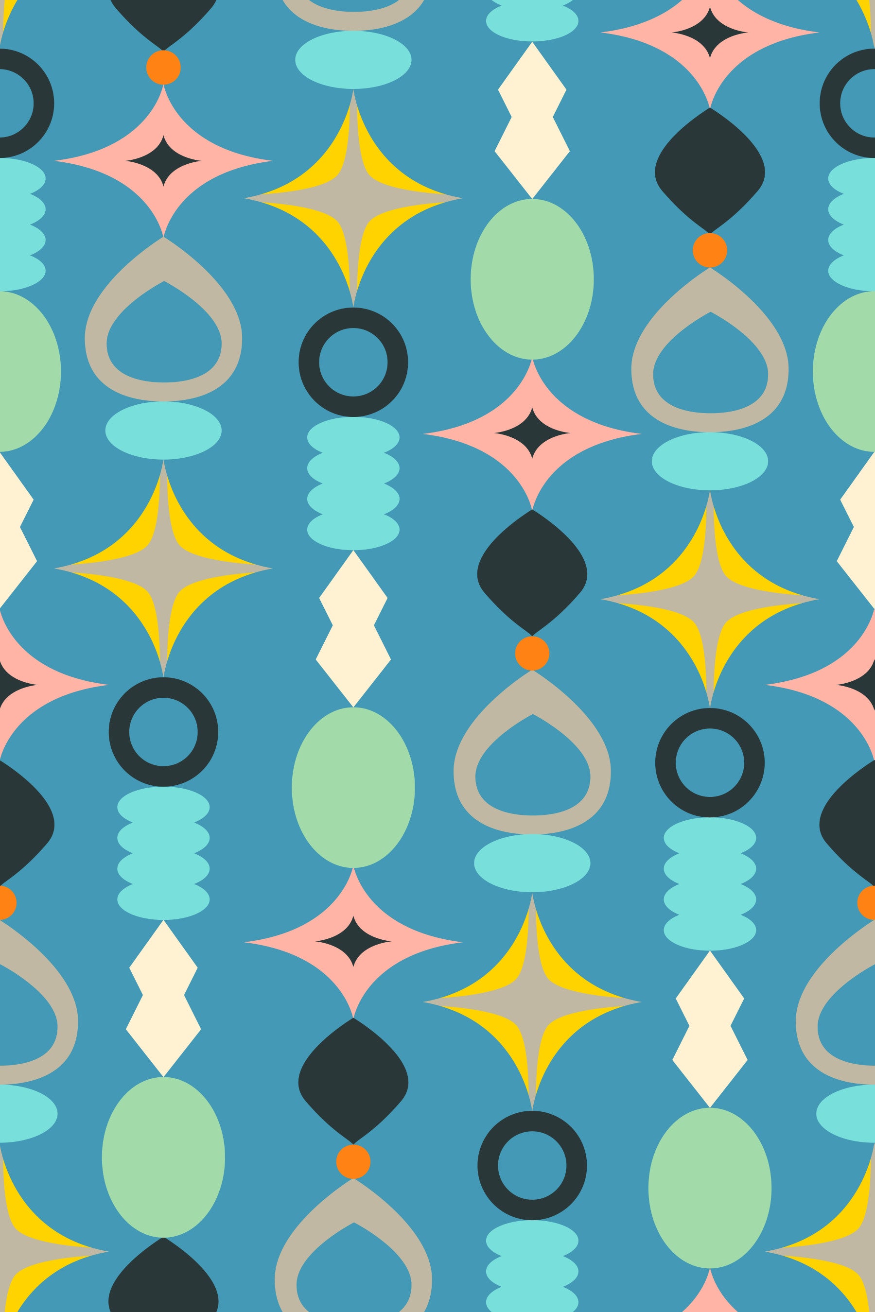 Suncatchers Retro Mid-Century Modern Abstract Shapes on Blue Wallpaper with geometric patterns.

