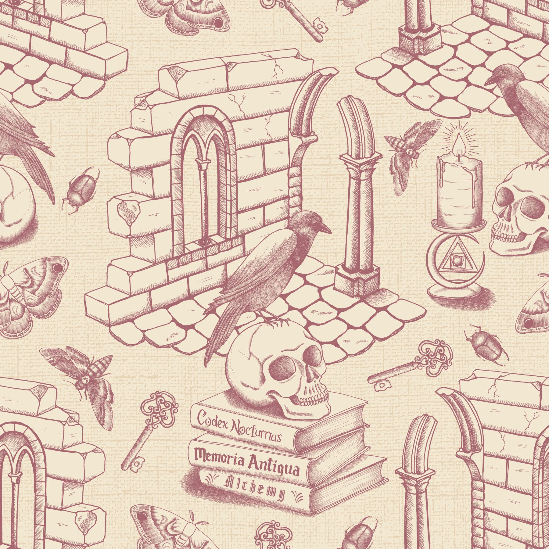 Dark Academia Toile de Jouy -  Vintage Rose Wallpaper⁠