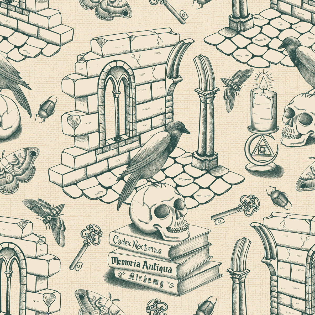 Dark Academia Toile de Jouy - Ivy Green Wallpaper⁠ in your room — zoomed