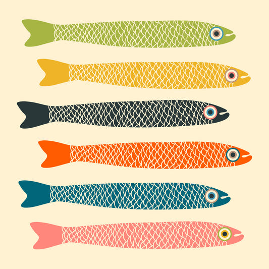 Anchovies Retro Vintage Multicolored Fish on Cream Wall Mural