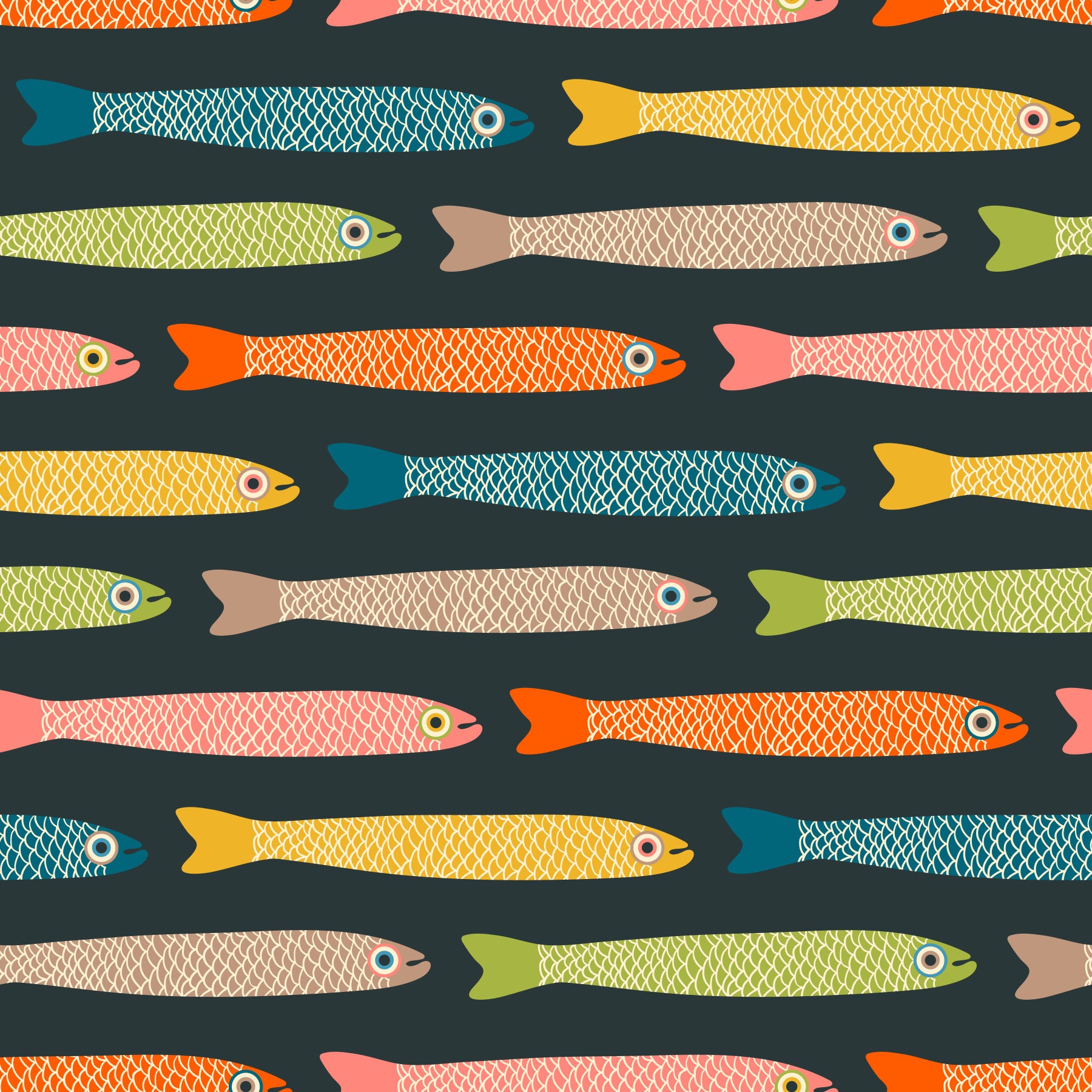 Anchovies Retro Vintage Multicolored Fish on Charcoal Wallpaper⁠