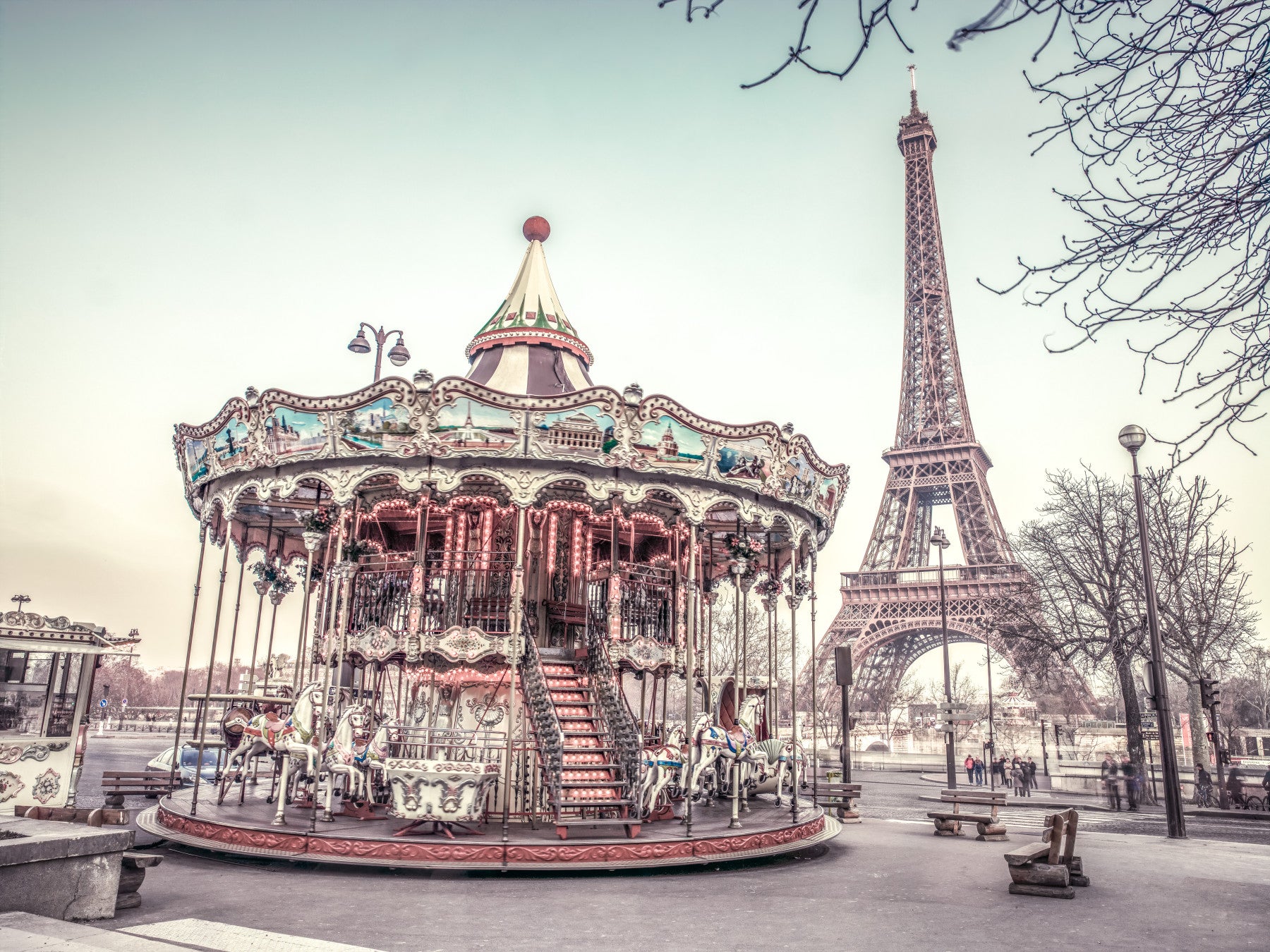 Carousel and Eiffel Tower Wall Mural with vintage carousel.

