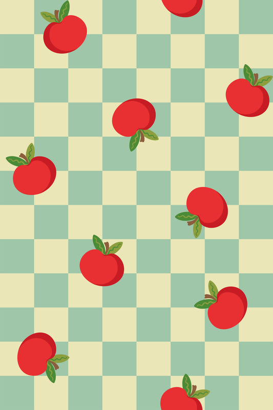Apple Checkerboard Vintage Nostalgic Cottagecore Fruit Red Blue Cream Wallpaper⁠