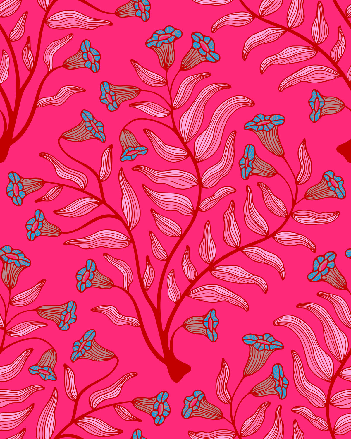 Trumpet Flower Damask Vintage Floral Botanical Jewel Pink Cherry Red Wallpaper⁠