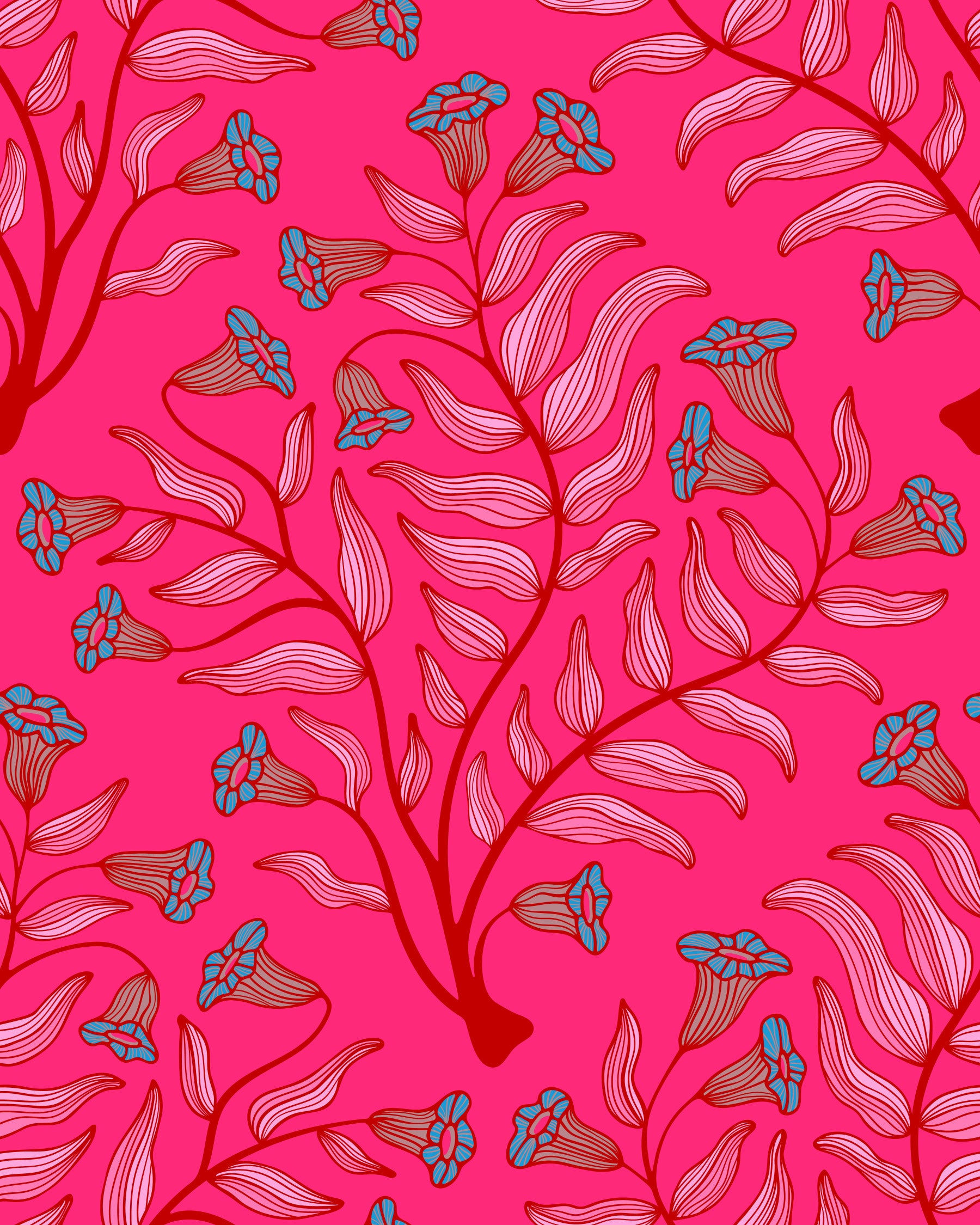 Trumpet Flower Damask Vintage Floral Botanical Jewel Pink Cherry Red Wallpaper⁠ in your room — zoomed