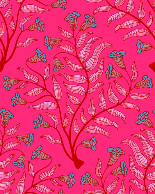 Trumpet Flower Damask Vintage Floral Botanical Jewel Pink Cherry Red Wallpaper⁠
